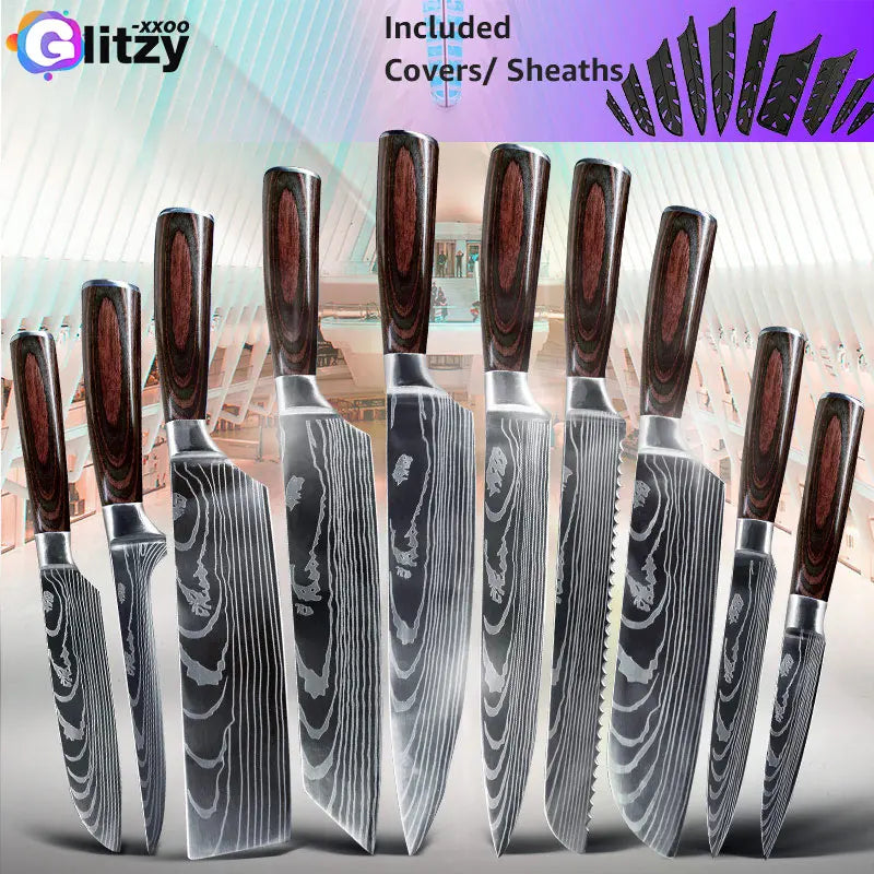 Kitchen Knife Professional Chef Knives Set 7CR17 High Carbon Steel Japanese Damascu Laser Gyuto Meat Cleaver Slicer Santoku Tool