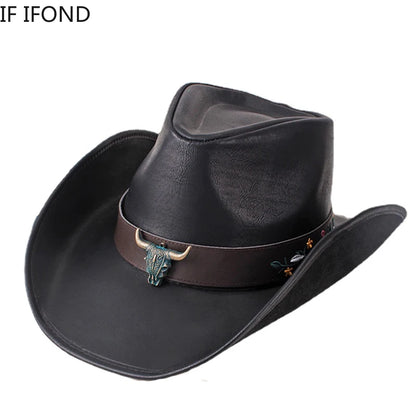 New 100% Leather Men Women Western Cowboy Hat Wide Brim Godfather Hats Gentleman Church Sombrero Hombre Jazz Cap