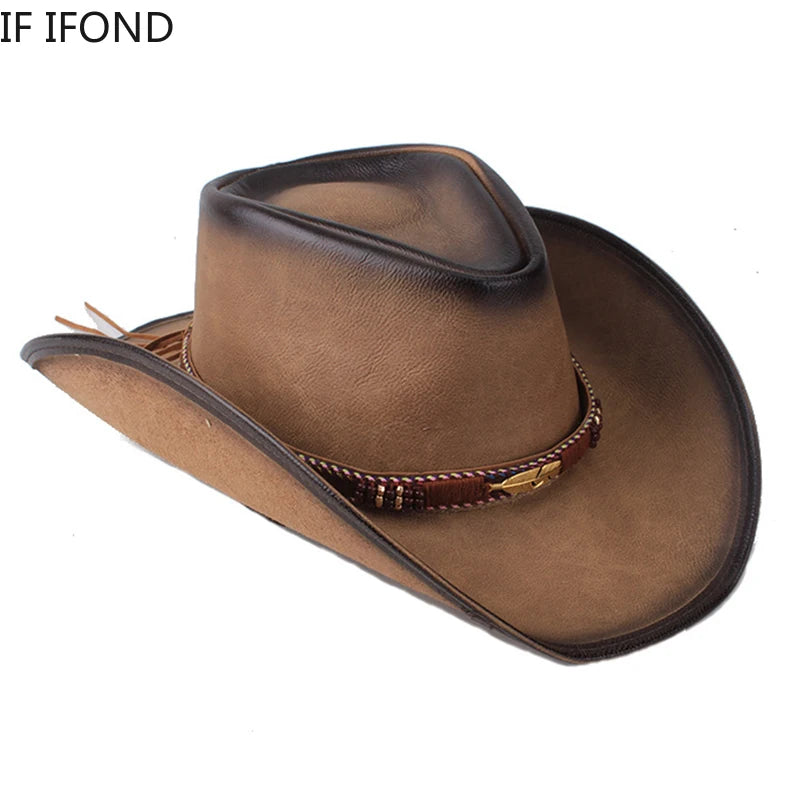 New 100% Leather Men Women Western Cowboy Hat Wide Brim Godfather Hats Gentleman Church Sombrero Hombre Jazz Cap