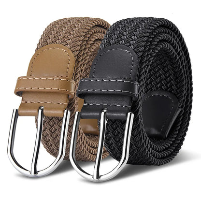 Width 3.3cm Unisex Casual Knitted Pin Buckle Jeans Belt Woven Canvas Elastic Expandable Stretch Waistband for Women Men Girdle