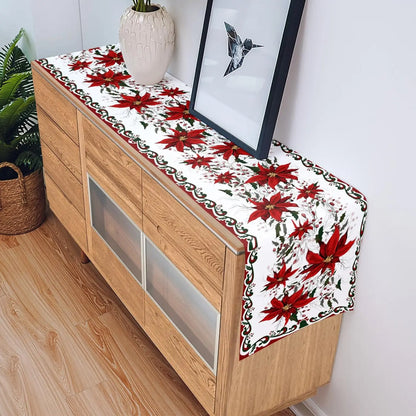 Linen Kitchen Table Runner with Poinsettia Flower for Christmas Decoration