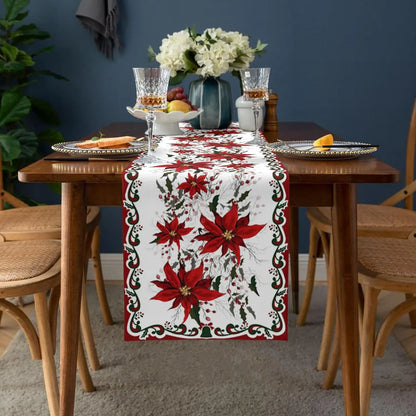 Linen Kitchen Table Runner with Poinsettia Flower for Christmas Decoration