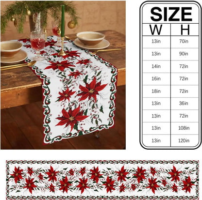 Linen Kitchen Table Runner with Poinsettia Flower for Christmas Decoration