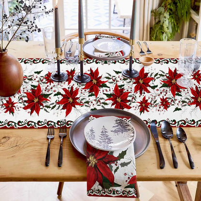 Linen Kitchen Table Runner with Poinsettia Flower for Christmas Decoration