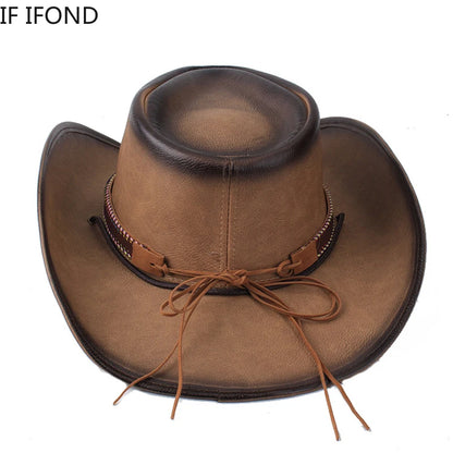 New 100% Leather Men Women Western Cowboy Hat Wide Brim Godfather Hats Gentleman Church Sombrero Hombre Jazz Cap