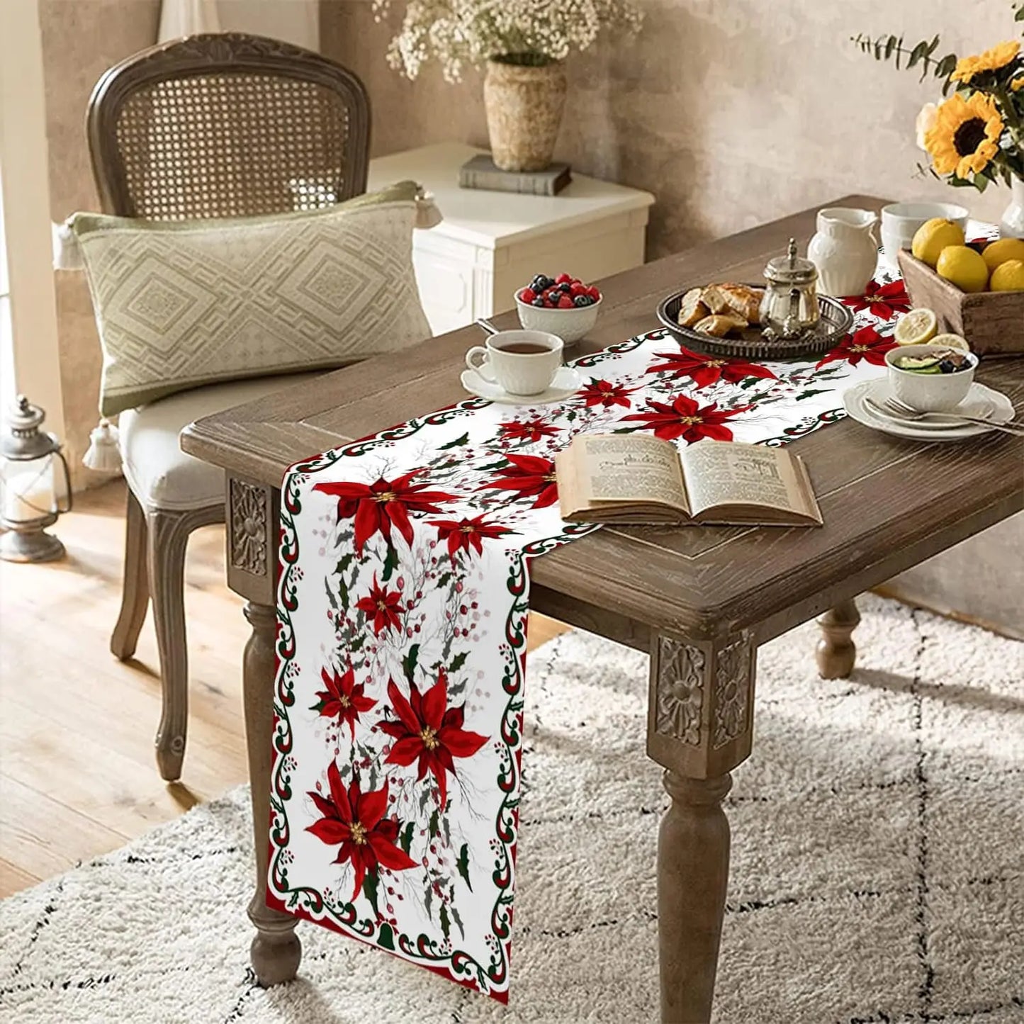 Linen Kitchen Table Runner with Poinsettia Flower for Christmas Decoration