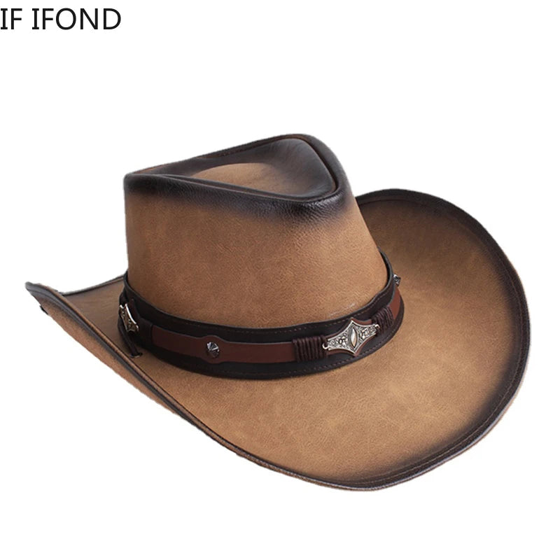 New 100% Leather Men Women Western Cowboy Hat Wide Brim Godfather Hats Gentleman Church Sombrero Hombre Jazz Cap